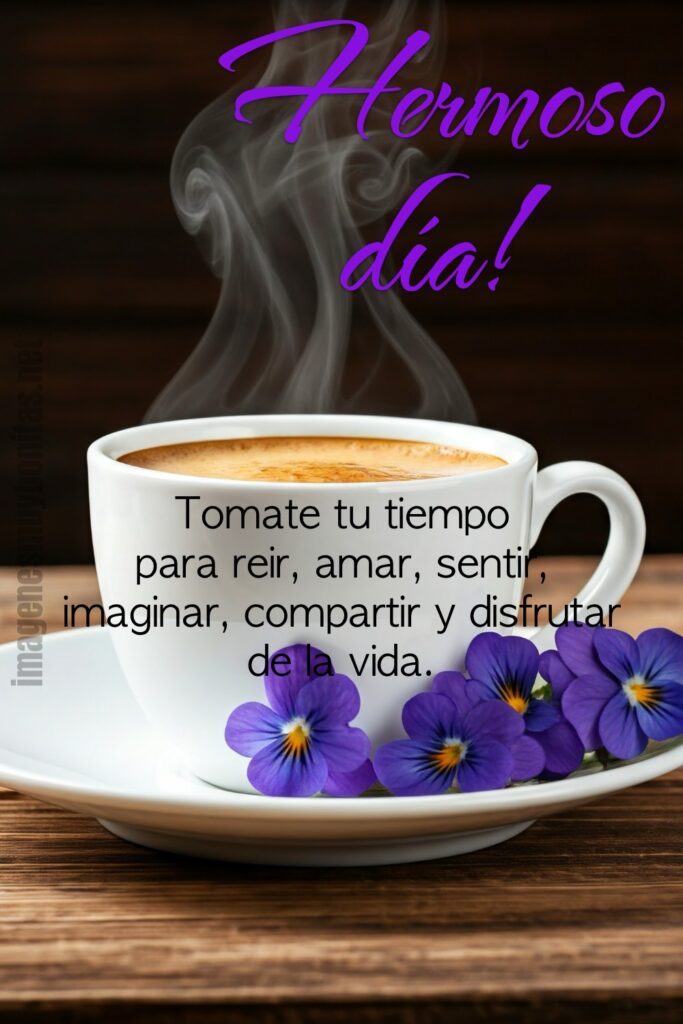 Una hermosa imagen de buenos días con un café y flores moradas.